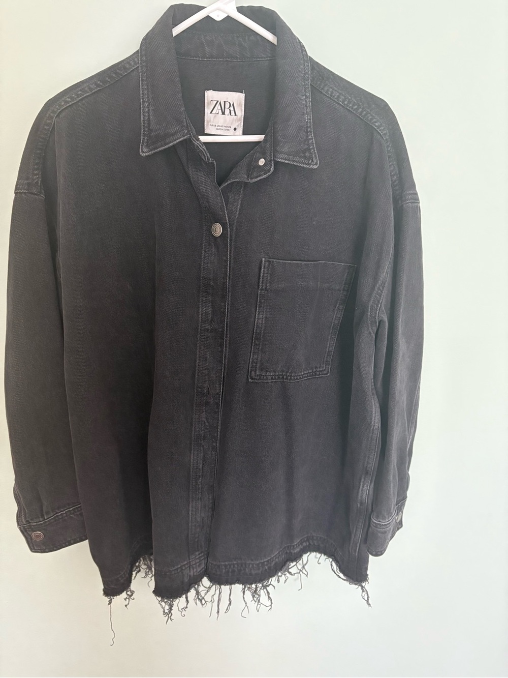 Zara Black Washed Denim Shacket with Frayed Hem
